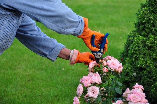 Operatives wearing PPE and using safe tools in a garden